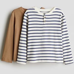 H&M · TODDLER DARK BEIGE + BLUE STRIPED RIBBED HENLEY SHIRTS - 3T/4T